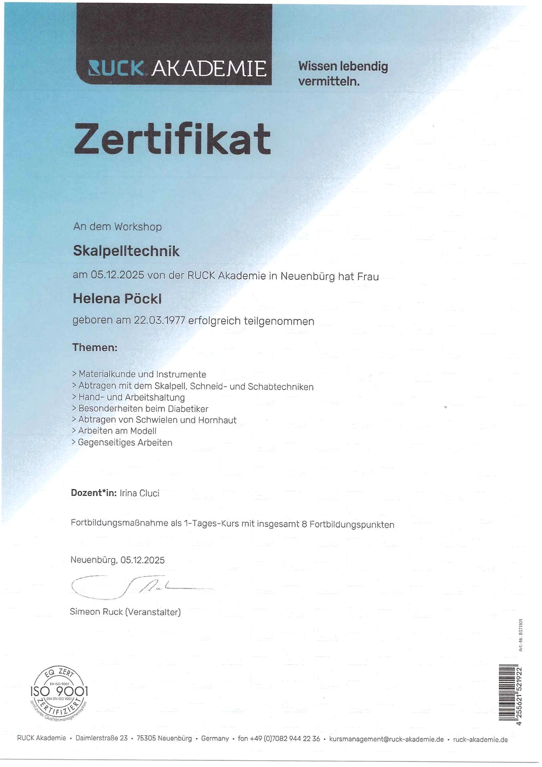  Helena Plöckl – Fußwerk - Zertifikat