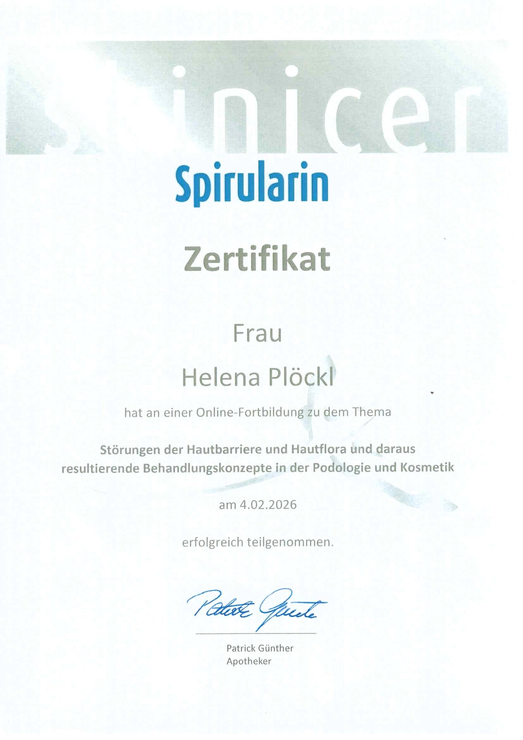  Helena Plöckl – Fußwerk - Zertifikat