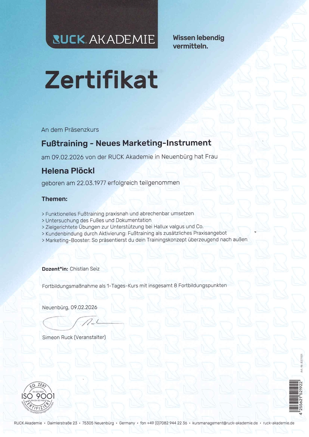  Helena Plöckl – Fußwerk - Zertifikat