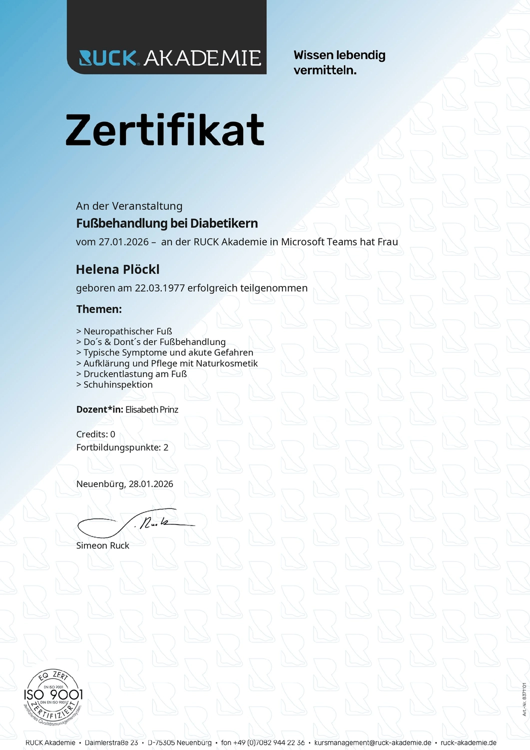  Helena Plöckl – Fußwerk - Zertifikat