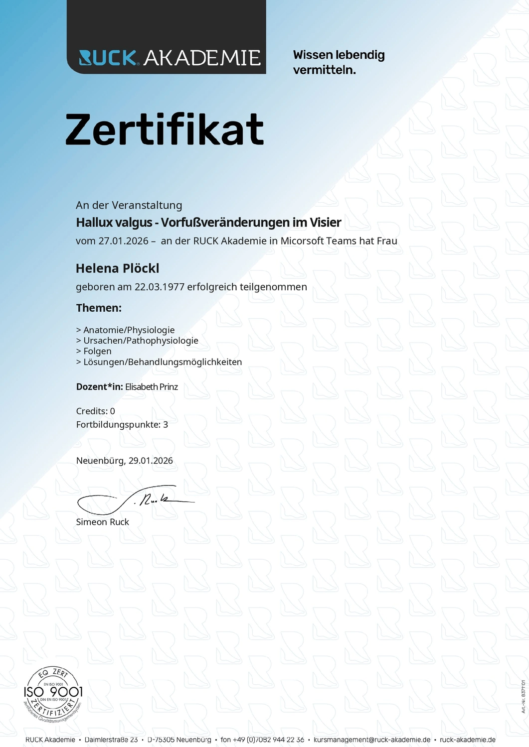  Helena Plöckl – Fußwerk - Zertifikat