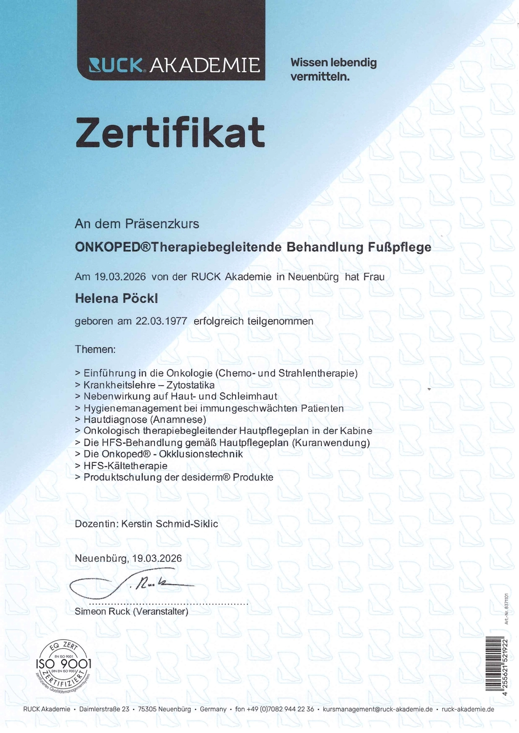  Helena Plöckl – Fußwerk - Zertifikat
