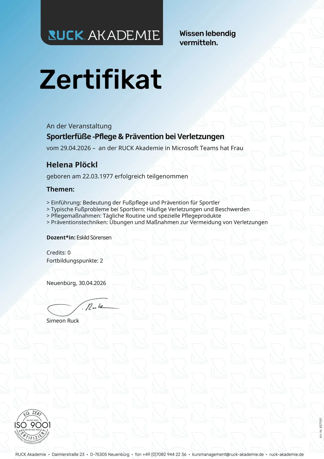  Helena Plöckl – Fußwerk - Zertifikat